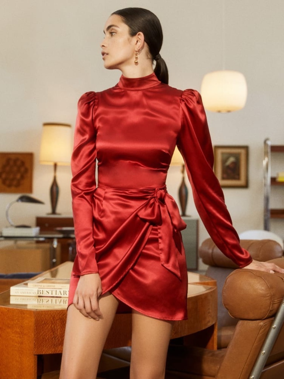 Reformation Red Silk Asymmetric Long-Sleeve Dress